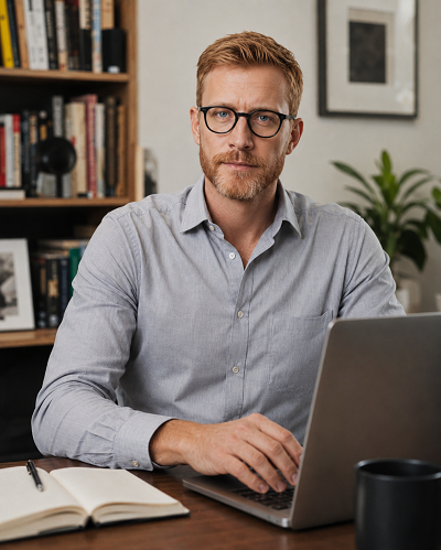 Robert Schulz, Chefredakteur von znaki.fm, an seinem Schreibtisch mit Laptop
